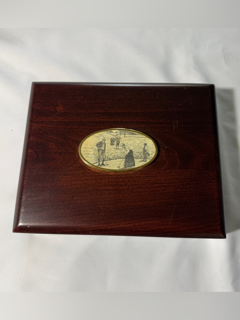 Barlow Wooden Jewelry Dresser Box with Brass Golf Scene Scrimshaw Inlay
